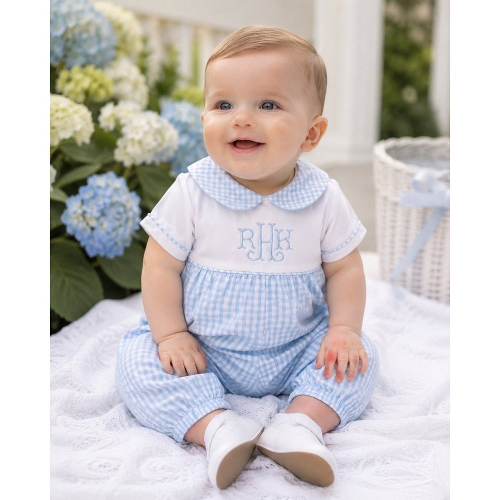 Little English Baby‎ Boy Blue Gingham Romper Jon Jon Monogram 3M